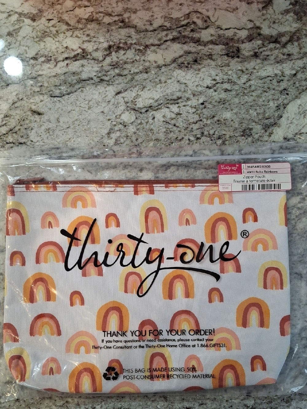 thirty-one Peach & Pink Rainbow Zip Pouch